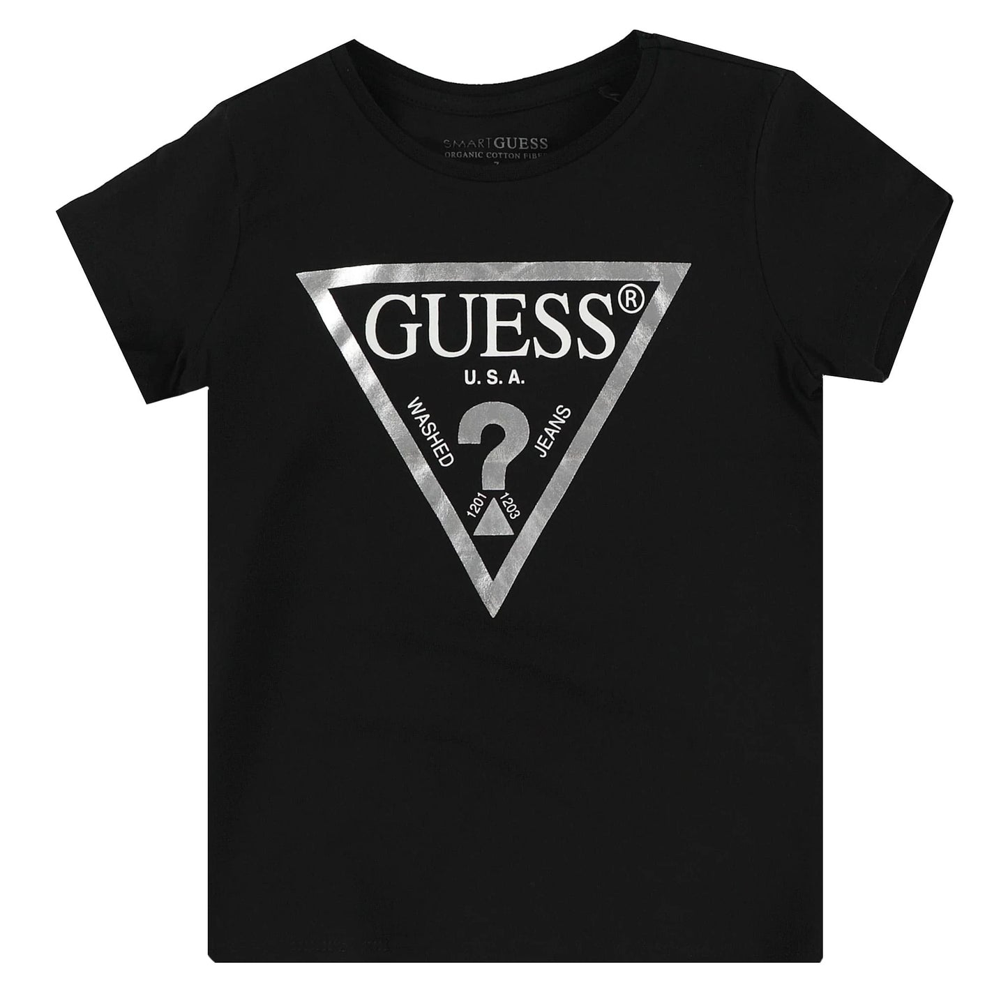 T-Shirt - Guess noir en coton 100% avec logo triangle argenté Guess, pour enfant, vue de face.