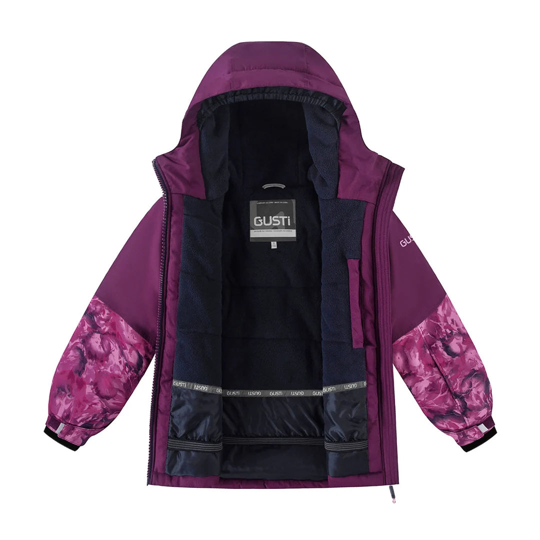 Habit de neige Gypsy - Gusti violet à capuchon avec doublure noire et manches à motifs pour enfant vue de face