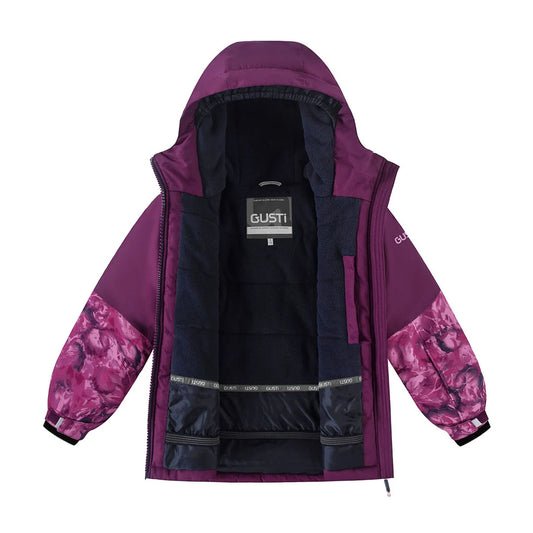 Habit de neige Gypsy - Gusti violet à capuchon avec doublure noire et manches à motifs pour enfant vue de face