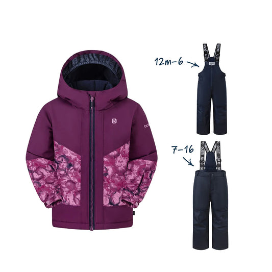 Habit de neige Gypsy - Gusti violet avec motifs floraux roses et pantalon de neige noir pour enfant vue de face