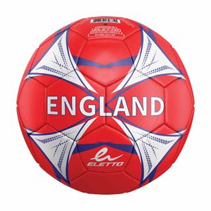 Ballon de soccer England - Eletto rouge et blanc avec motifs bleus, cuir synthétique, vue de face.