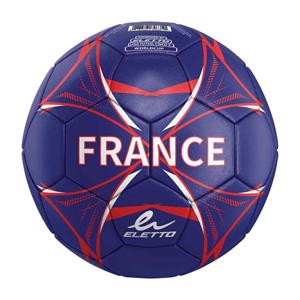 Ballon de soccer France - Eletto bleu marine avec motifs rouges et blancs, surface texturée, vue de face.
