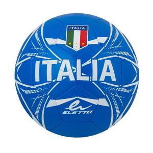 Ballon de soccer Italia - Eletto bleu avec motifs blancs et drapeau tricolore Italie, vue de face, surface en synthétique lisse.