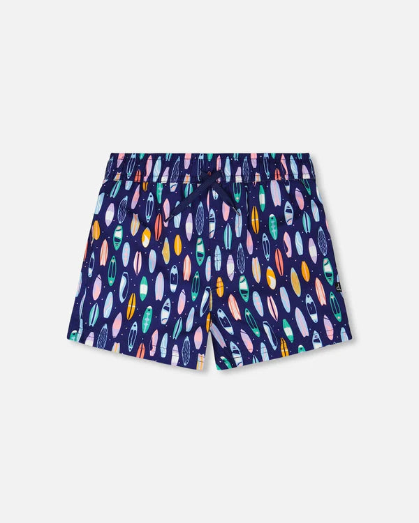 Maillot de bain - Deux Par Deux short bleu marine à motifs colorés, taille élastique avec cordon, pour enfant, vue de face