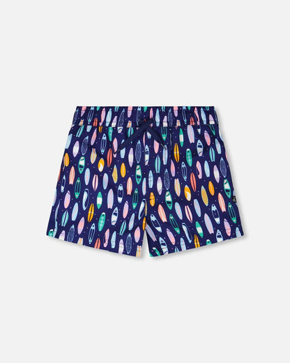 Maillot de bain - Deux Par Deux short bleu marine à motifs colorés, taille élastique avec cordon, pour enfant, vue de face