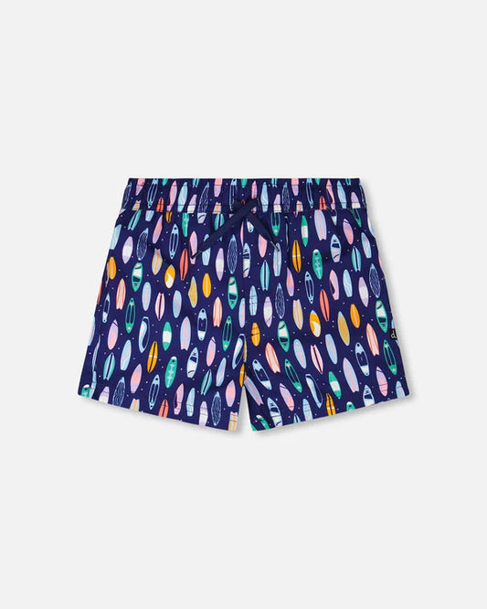 Maillot de bain - Deux Par Deux short bleu marine à motifs colorés, taille élastique avec cordon, pour enfant, vue de face