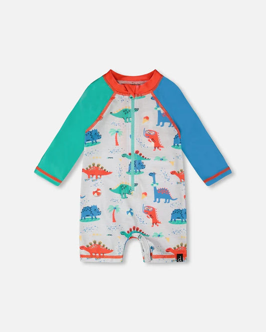 Maillot de bain - Deux Par Deux une pièce manches longues blanc motifs dinosaures multicolores, manches vert et bleu, pour bébé garçon, vue de face