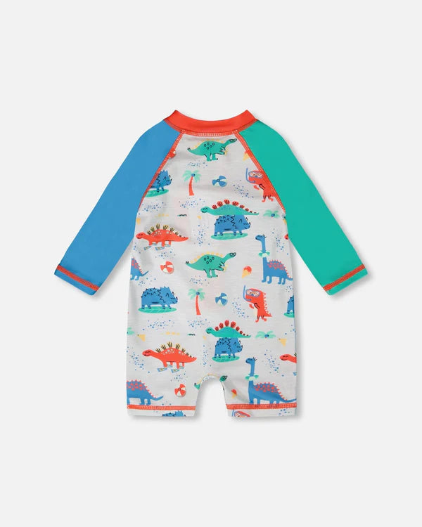 Maillot de bain - Deux Par Deux une-pièce manches longues blanc motifs dinosaures colorés, manches bleue et verte, dos, pour enfant