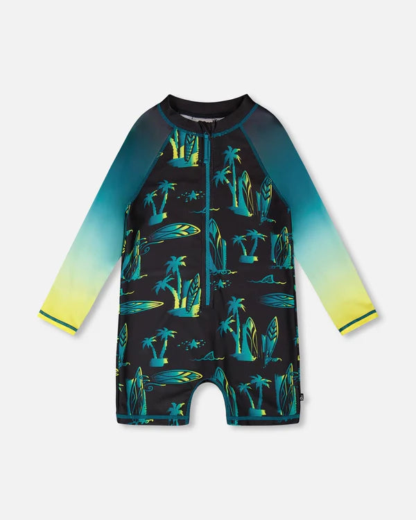 Maillot de bain - Deux Par Deux une pièce à manches longues bleu dégradé jaune noir motifs surf et palmiers, pour enfant, vue de face