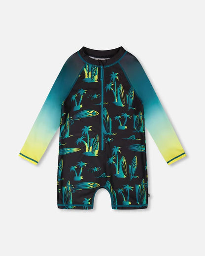 Maillot de bain - Deux Par Deux une pièce à manches longues bleu dégradé jaune noir motifs surf et palmiers, pour enfant, vue de face