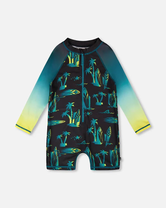 Maillot de bain - Deux Par Deux une pièce à manches longues bleu dégradé jaune noir motifs surf et palmiers, pour enfant, vue de face