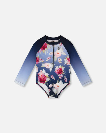Maillot de bain - Deux Par Deux une pièce manches longues bleu dégradé à imprimé floral rose et blanc, pour enfant, vue de face