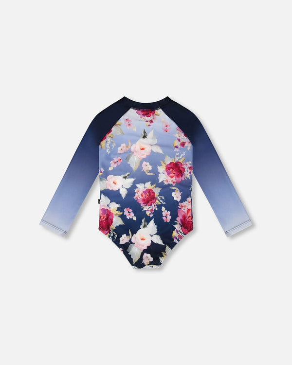 Maillot de bain - Deux Par Deux une-pièce manches longues bleu dégradé avec imprimé floral rose et blanc, vue de dos enfant