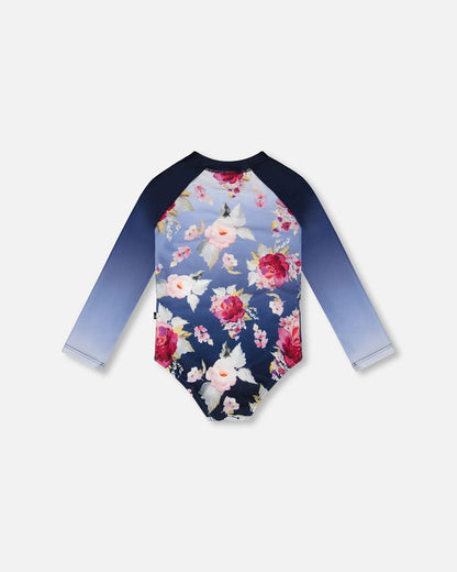 Maillot de bain - Deux Par Deux une-pièce manches longues bleu dégradé avec imprimé floral rose et blanc, vue de dos enfant