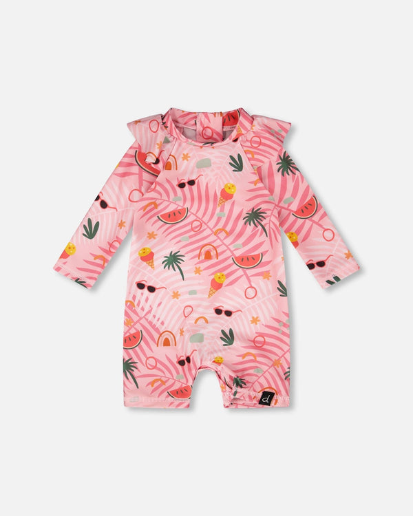 Maillot de bain - Deux Par Deux une pièce à manches longues rose à motifs estivaux pour bébé fille, vue de face