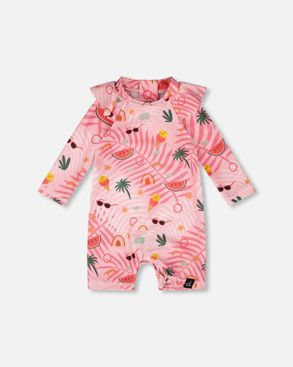 Maillot de bain - Deux Par Deux une pièce à manches longues rose à motifs estivaux pour bébé fille, vue de face