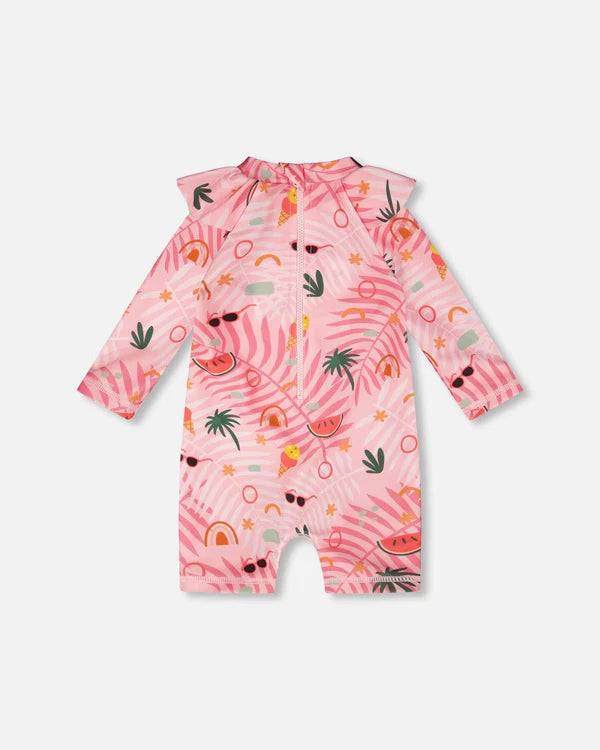Maillot de bain - Deux Par Deux une pièce manches longues rose à motifs tropical pour bébé fille, vue de face avec fermeture éclair.
