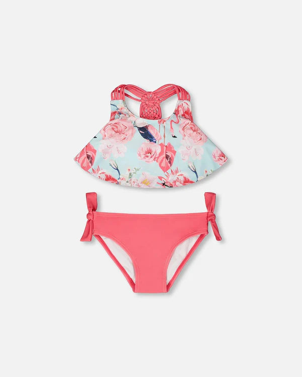 Maillot de bain - Deux Par Deux deux-pièces fleuri bleu clair et rose avec dos macramé, nouettes sur culotte, pour enfant, vue de face