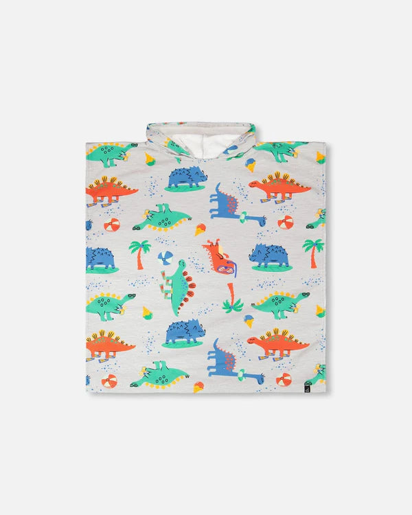 Serviette de plage avec capuchon - Deux Par Deux gris clair à imprimé bébés dinosaures multicolores, vue de face, pour enfant.
