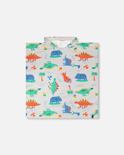 Serviette de plage avec capuchon - Deux Par Deux gris clair à imprimé bébés dinosaures multicolores, vue de face, pour enfant.