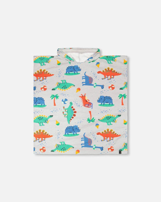 Serviette de plage avec capuchon - Deux Par Deux gris clair à imprimé bébés dinosaures multicolores, vue de face, pour enfant.