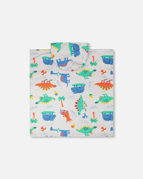 Serviette de plage avec capuchon - Deux Par Deux en polyester gris clair avec imprimé bébés dinosaures colorés, vue de dessus.