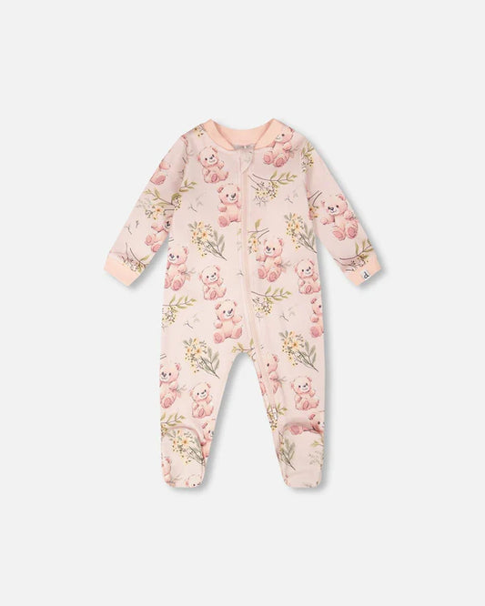 Pyjama - Deux Par Deux rose clair avec motifs ours roses et fleurs, en coton biologique pour bébé, vue de face integral.
