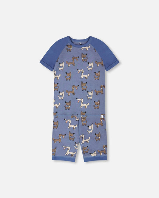 Pyjama deux-pièces - Deux Par Deux bleu à manches courtes avec motifs chiens bruns et blancs, coton biologique, enfant, vue de face