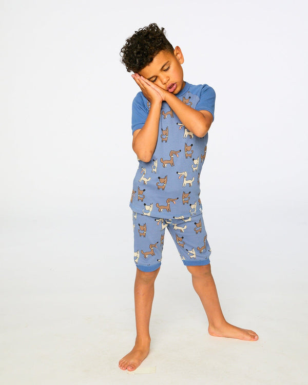 Pyjama deux-pièces - Deux Par Deux bleu avec motifs chiens marron et beige, coton biologique, pour garçon, porté de face, enfant endormi.