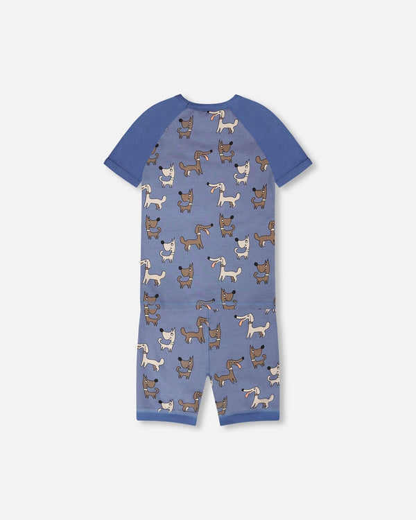 Pyjama deux-pièces - Deux Par Deux bleu imprimé chiens marron et crème pour bébé garçon, vue de dos en coton biologique
