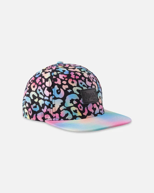 Casquette - Deux Par Deux noire à imprimé léopard multicolore avec visière plate dégradée, vue de côté pour enfant.