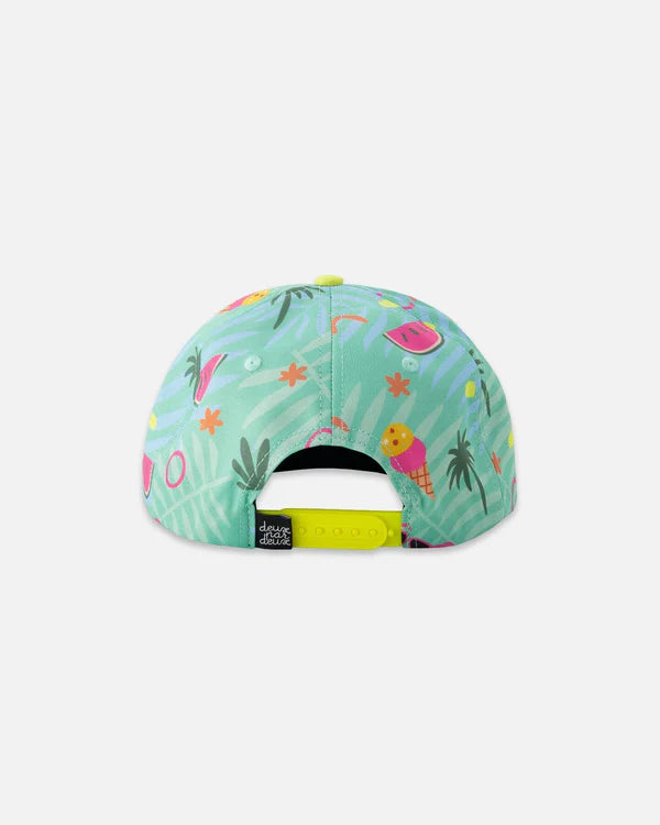 Casquette - Deux Par Deux verte à imprimé plage coloré avec visière plate jaune, vue de dos, ajustable pour enfant