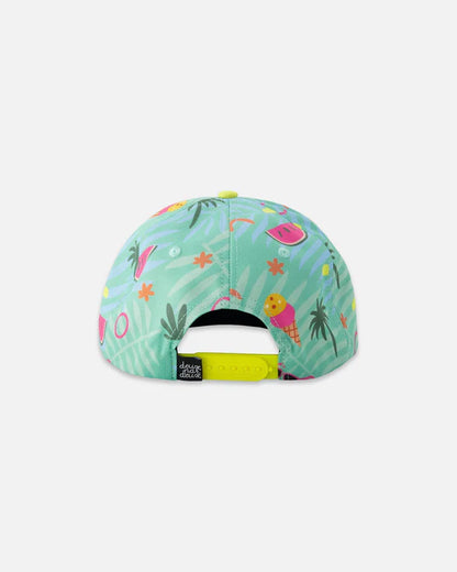 Casquette - Deux Par Deux verte à imprimé plage coloré avec visière plate jaune, vue de dos, ajustable pour enfant