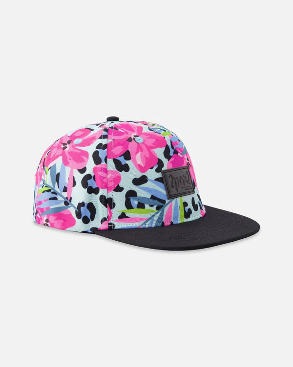 Casquette - Deux Par Deux bleu à imprimé fleurs roses et léopard noir avec visière plate noire, vue de profil pour enfant
