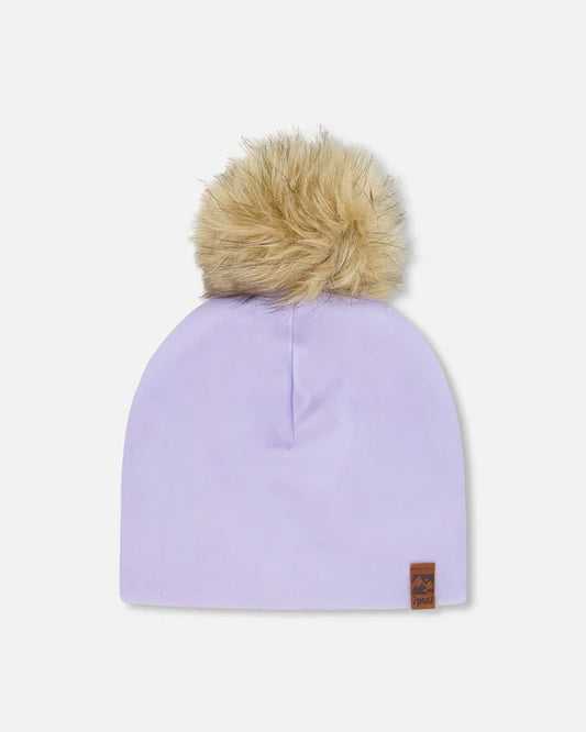 Tuque Mi-Saison - Deux Par Deux lilas avec pompon beige amovible, en polyester et élasthanne, vue de face.