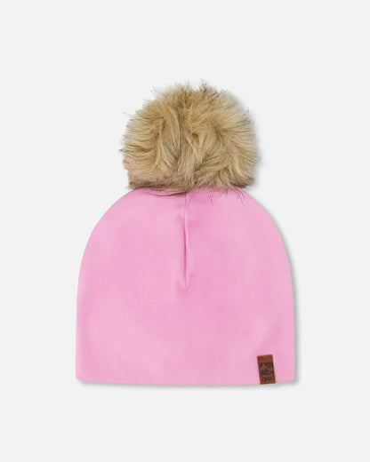 Tuque Mi-Saison - Deux Par Deux rose avec pompon beige amovible, en polyester et élasthanne, vue de dos, pour enfant.