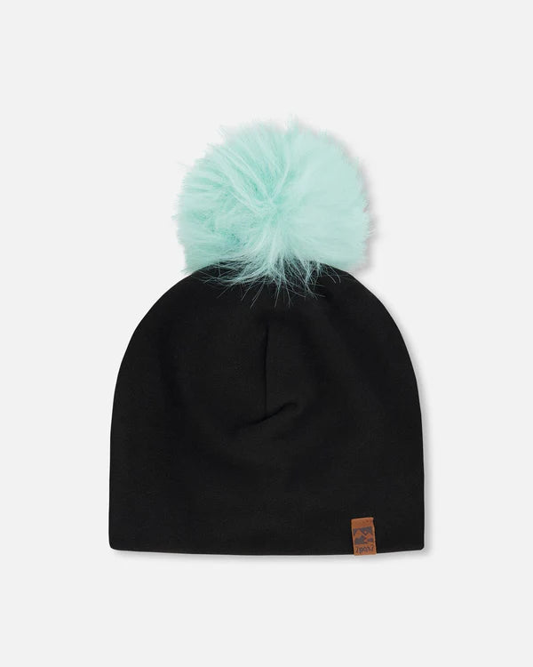 Tuque Mi-Saison - Deux Par Deux noire avec pompon amovible bleu clair, vue de face, pour enfant, polyester et élasthanne.