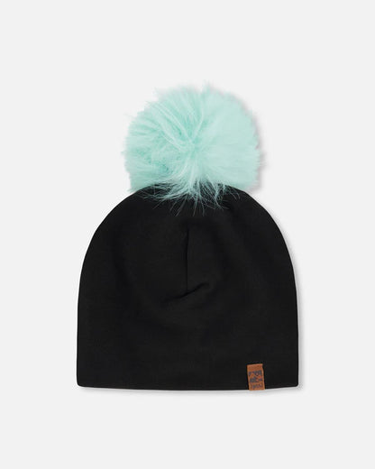 Tuque Mi-Saison - Deux Par Deux noire avec pompon amovible bleu clair, vue de face, pour enfant, polyester et élasthanne.
