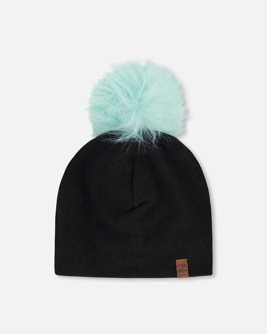 Tuque Mi-Saison - Deux Par Deux noire avec pompon amovible bleu clair, vue de face, pour enfant, polyester et élasthanne.