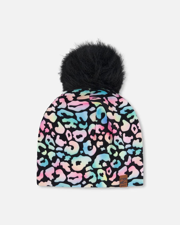 Tuque Mi-Saison - Deux Par Deux à motif léopard pastel multicolore avec pompon noir amovible, vue de face, enfant.