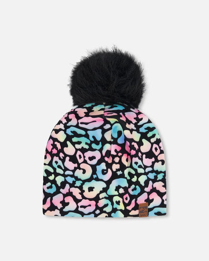 Tuque Mi-Saison - Deux Par Deux à motif léopard pastel multicolore avec pompon noir amovible, vue de face, enfant.