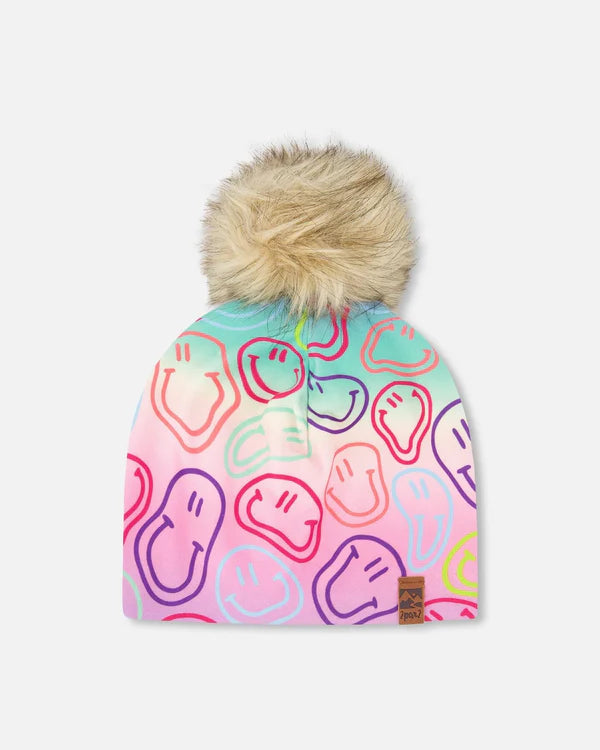 Tuque Mi-Saison - Deux Par Deux multicolore avec motifs sourires, pompon amovible beige, pour enfant, vue de face.