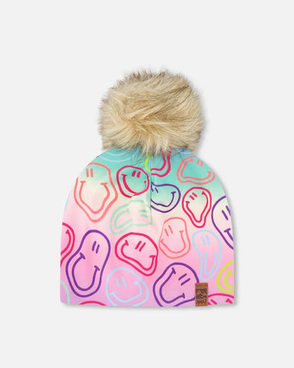 Tuque Mi-Saison - Deux Par Deux multicolore avec motifs sourires, pompon amovible beige, pour enfant, vue de face.