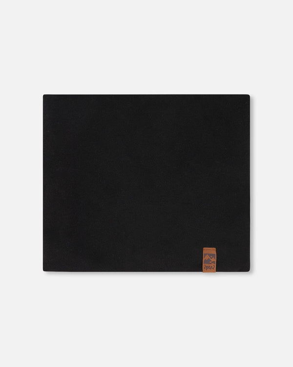 Cache-cou Mi-Saison - Deux Par Deux noir uni en polyester et élasthanne pour enfant, vue de face avec étiquette marron.