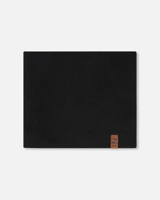 Cache-cou Mi-Saison - Deux Par Deux noir uni en polyester et élasthanne pour enfant, vue de face avec étiquette marron.