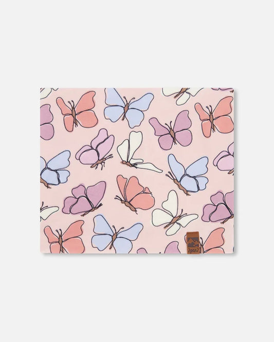 Cache-cou Mi-Saison - Deux Par Deux rose clair à motifs papillons violets, bleus et blancs, en polyester et élasthanne, vue de face