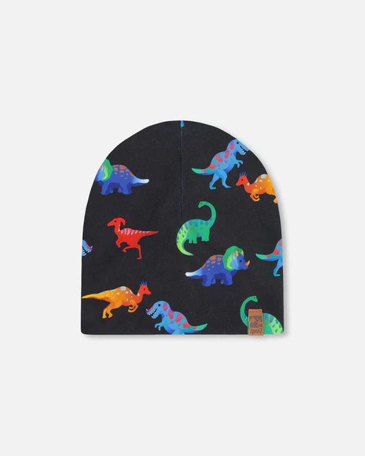 Tuque Mi-Saison - Deux Par Deux noire avec imprimés dinosaures multicolores, tissu polyester élasthanne, pour enfant, vue de face.