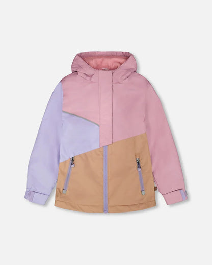 Manteau Mi-Saison - Deux Par Deux rose lilas et beige pour enfant avec capuche, vue de face, tissu déperlant écologique
