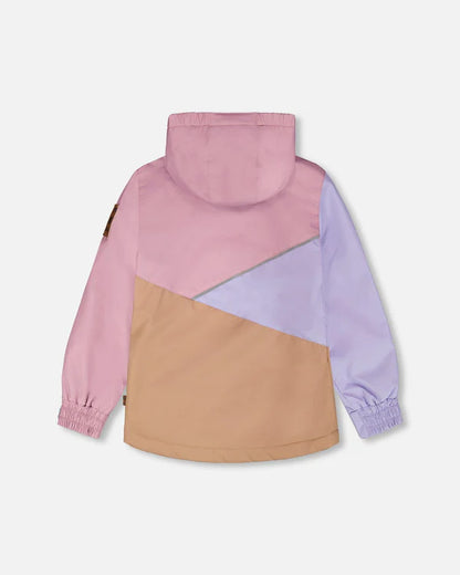 Manteau Mi-Saison - Deux Par Deux pour enfant, color block rose, beige et violet, tissu déperlant, vue de dos avec capuche