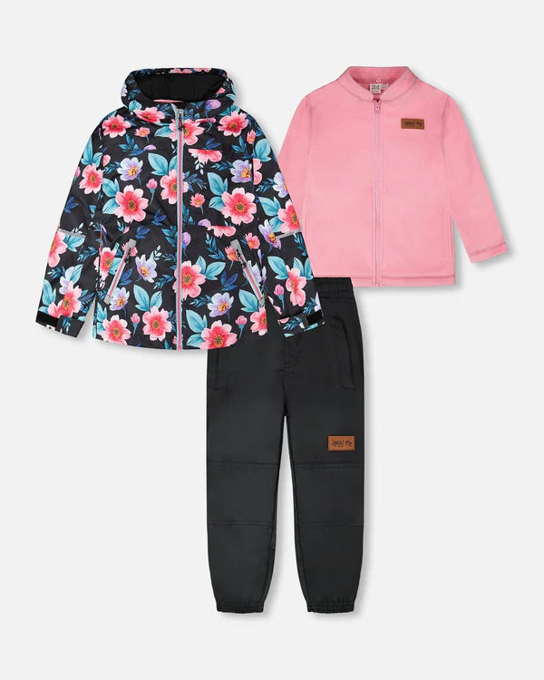 Ensemble Mi-Saison 3 en 1 - Deux Par Deux avec veste à fleurs multicolores, polaire rose et pantalon noir, pour enfant, vue de face.